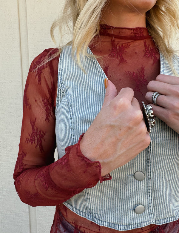 Light Wash Denim Striped Vest