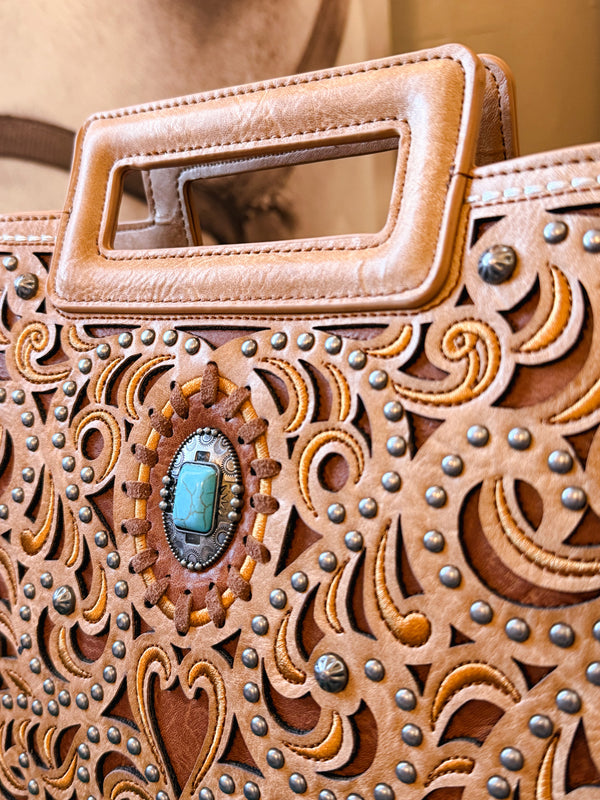 Montana West Cut-Out Embroidered Collection Tote/Crossbody Bag - Brown